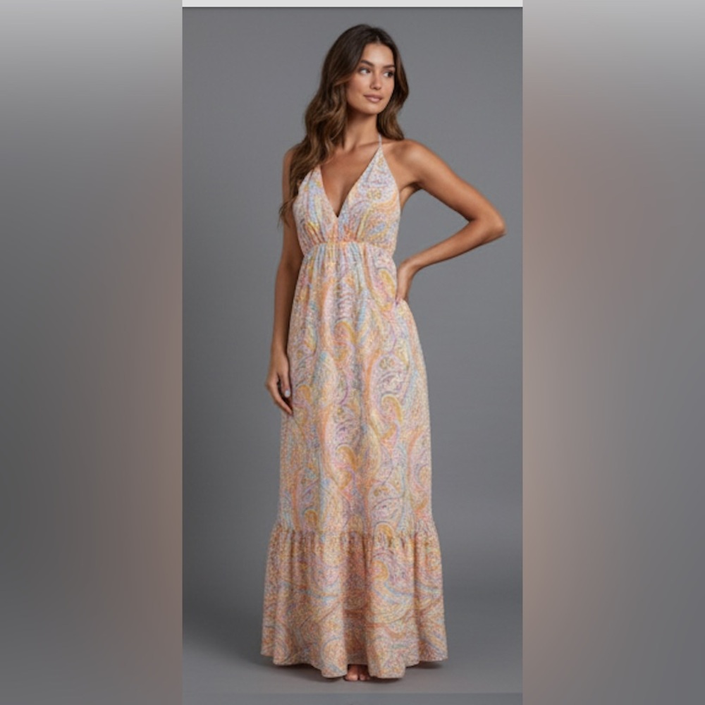 Boho Paisley Halterneck Ruffle Hem Dress